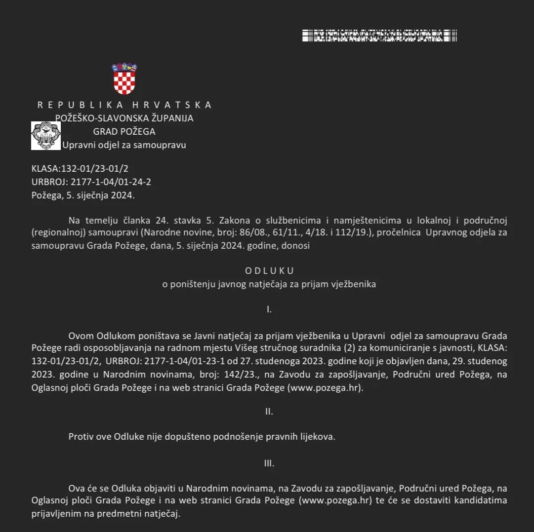 Godina nova, običaji stari: Iz Grada Požege poništili još jedan natječaj za zapošljavanje