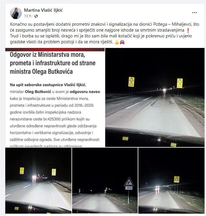 Saborska zastupnica Vlašić Iljkić riješila problem nesreća na cesti Požega-Mihaljevci