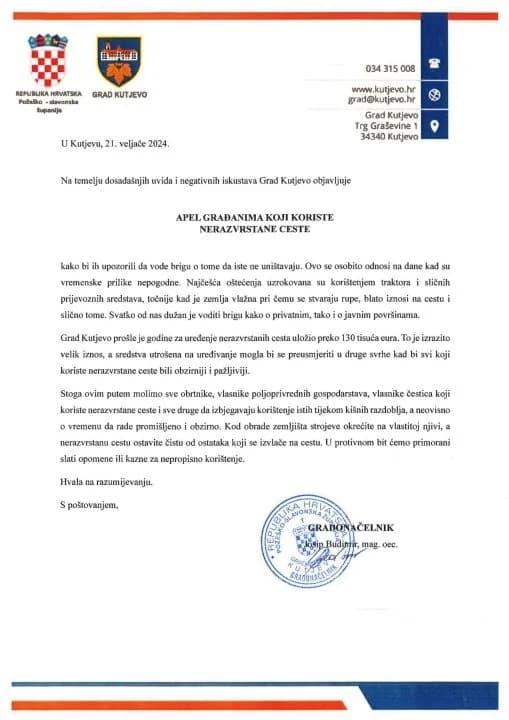 Grad Kutjevo apelira na građane da vode brigu o nerazvrstanim cestama te da ih ne uništavaju