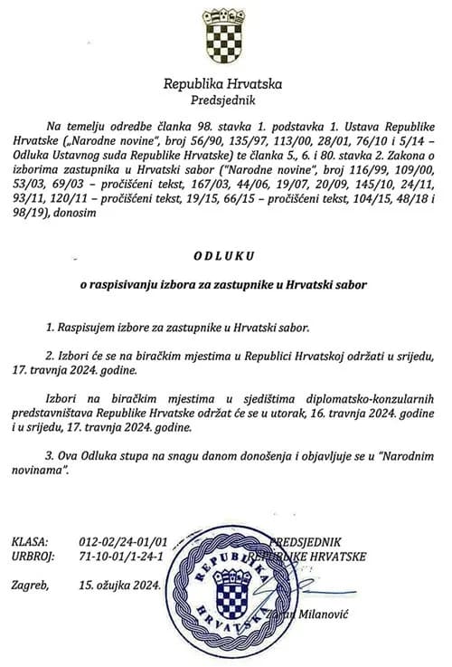 UPRAVO: Predsjednik Milanović raspisao izbore za 17.travanj-srijeda