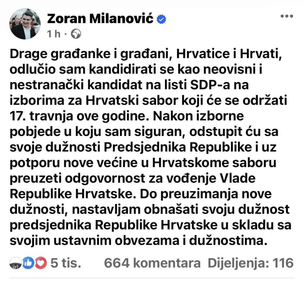 ’Nakon izborne pobjede u koju sam siguran, odstupit ću s dužnosti Predsjednika RH’