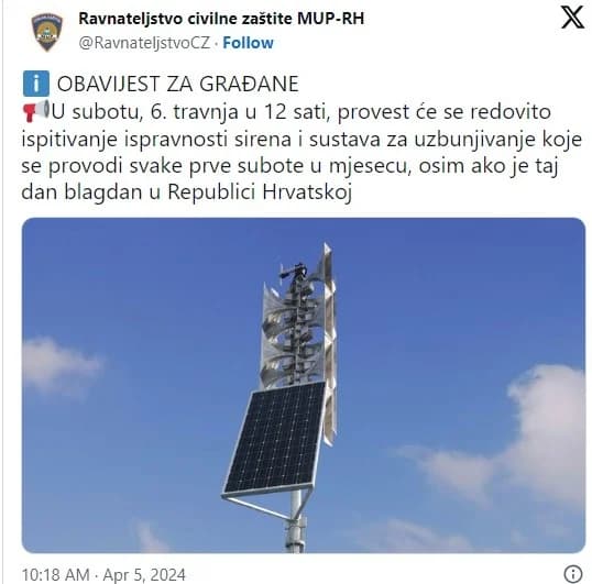 Ne bojte se, danas u podne testiranje ispravnosti sirena