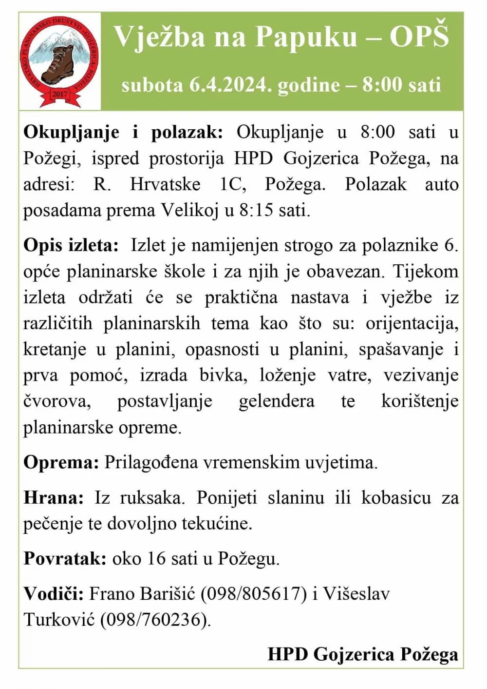 FOTO: Terenska vježba 6. Opće planinarske škole u HPD Gojzerica Požega 