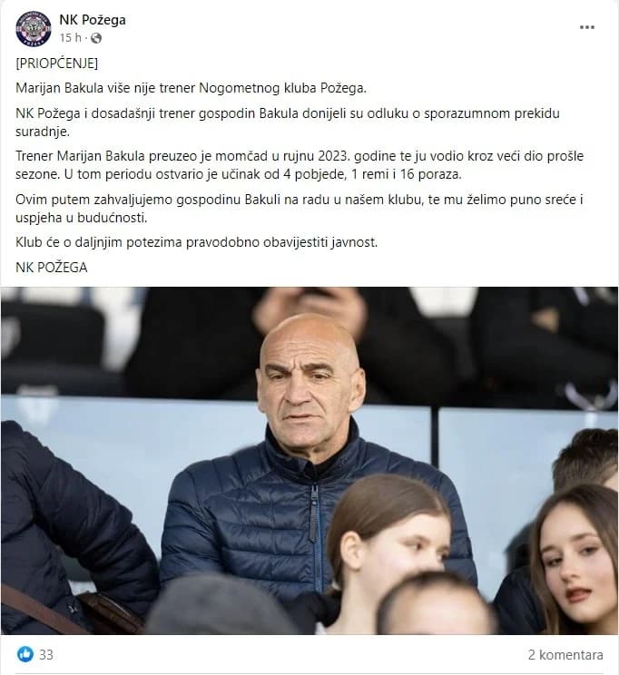 NK POŽEGA: ’Marijan Bakula više nije trener kluba!’