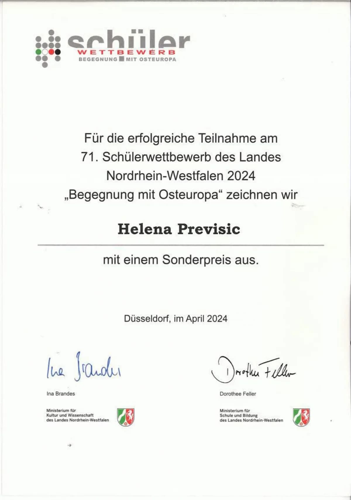 Uspjeh učenice Ekonomske škole Požega Helene Previšić na međunarodnome natjecanju u Njemačkoj