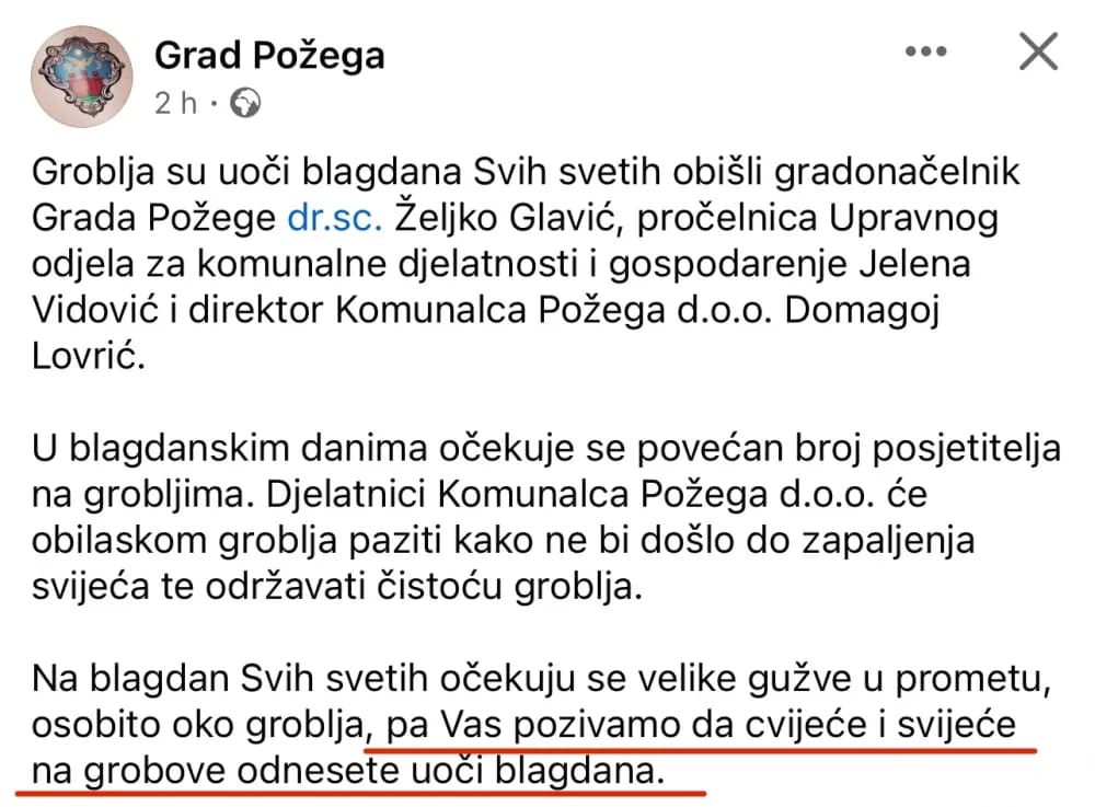 Bizaran apel: Iz Grada pozivaju građane da na nadolazeće blagdane ne odnose cvijeće i svijeće na grobove najmilijih