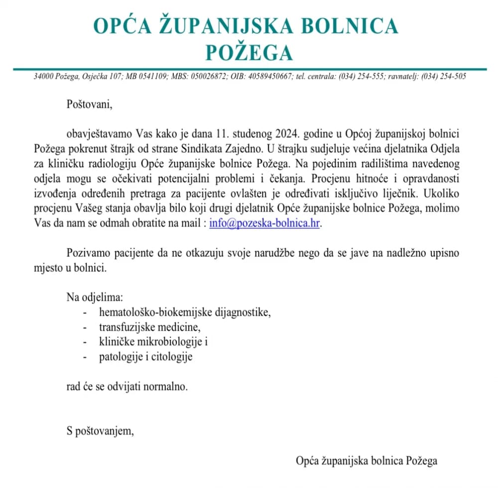 OŽB Požega: Obavijest o štrajku