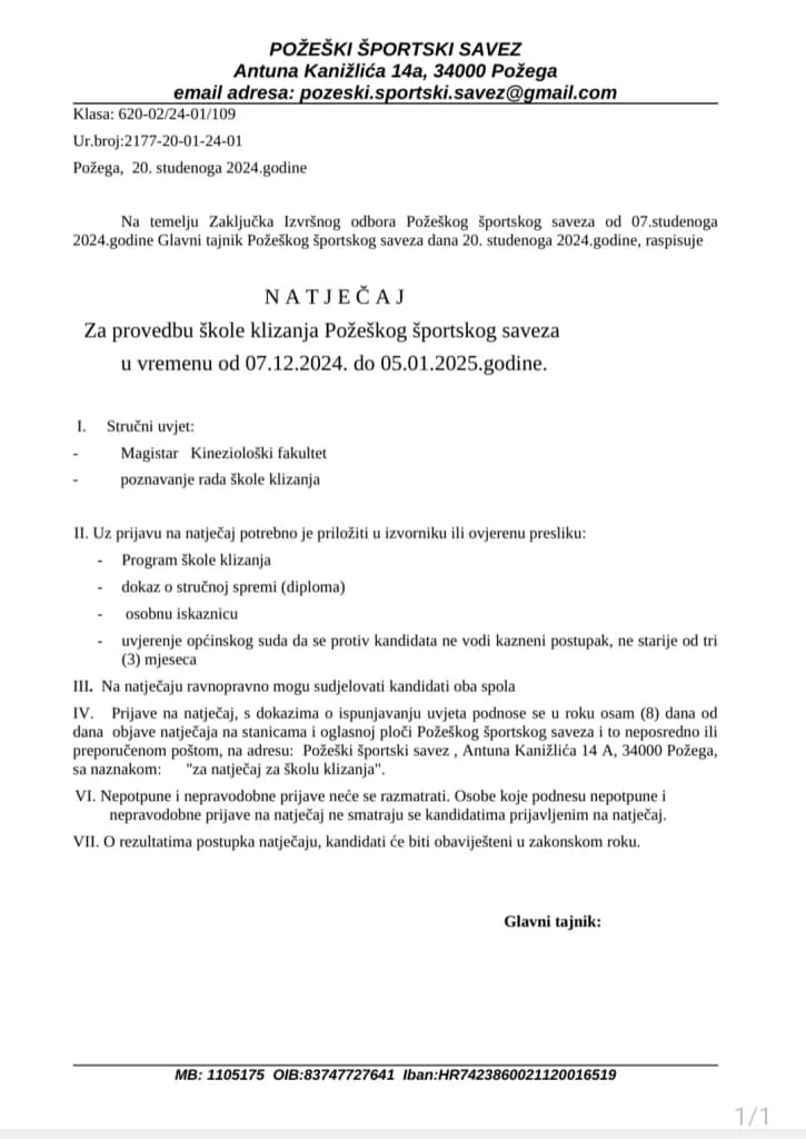 Otvoren je natječaj za provedbu Škole klizanja u Požegi