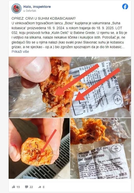 U suhim dimljenim kobasicama slavonskog proizvođača pronađeni crvi