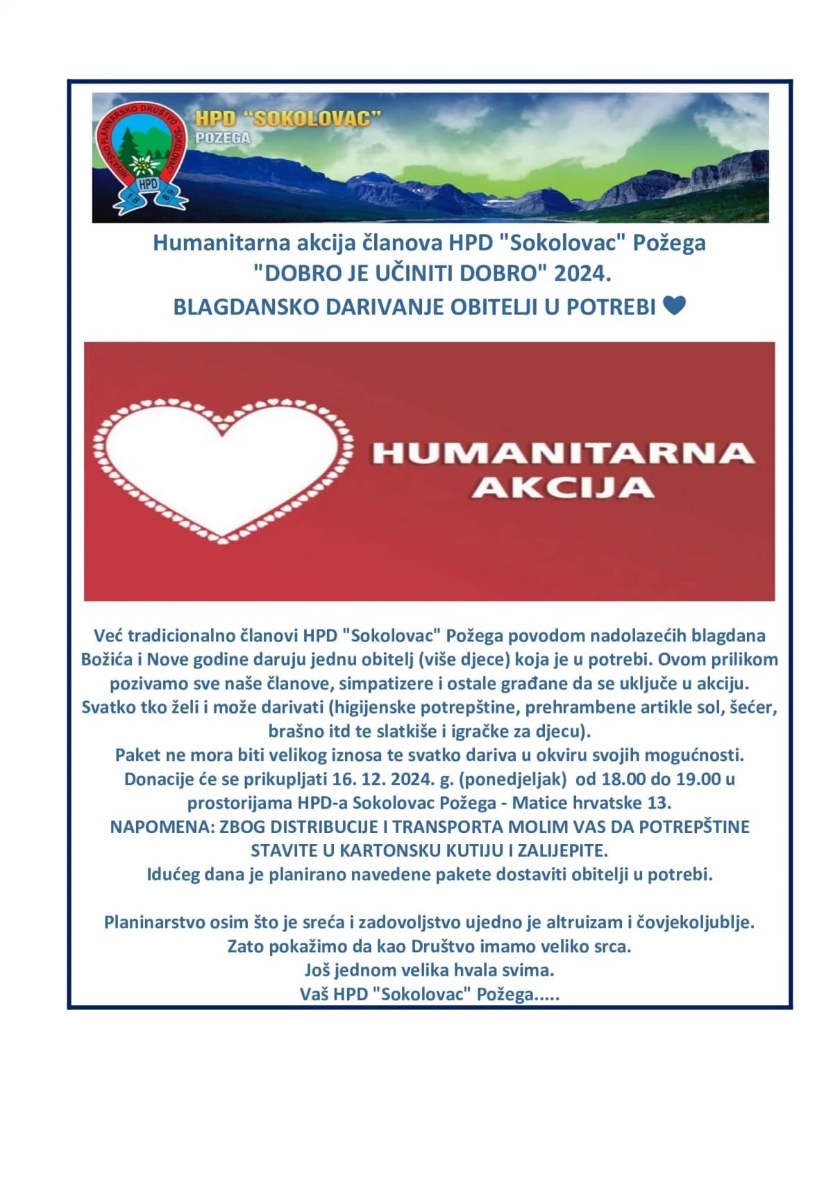 ’DOBRO JE UČINITI DOBRO’: I ove godine Humanitarna akcija članova HPD ’Sokolovac’