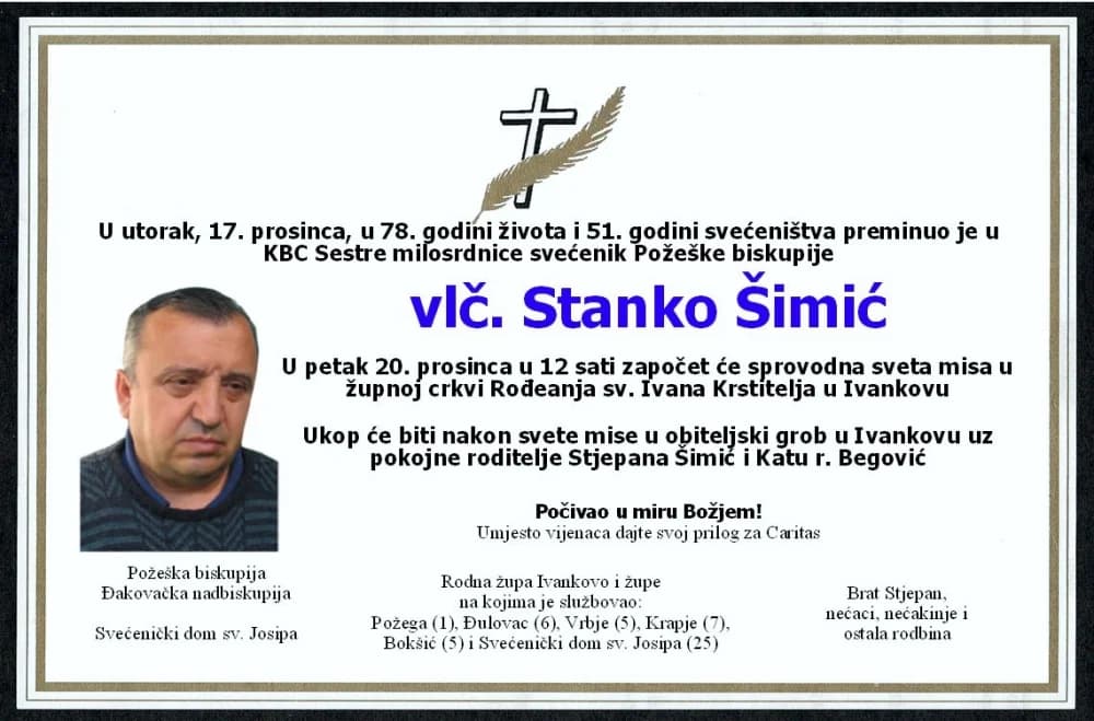 Preminuo umirovljeni svećenik Požeške biskupije Stanko Šimić