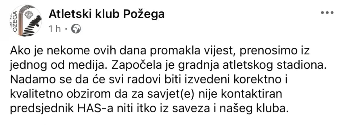 Apsurdno: Iz Grada zbog Atletskog stadiona nisu kontaktirali nikoga iz Hrvatskog atletskog saveza niti Atletskog kluba Požega?
