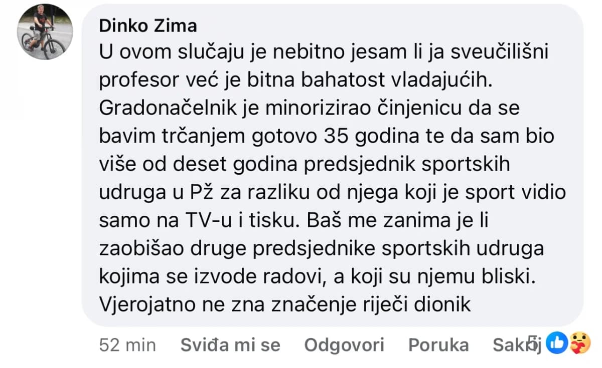 Zima: “U ovom slučaju bitna je bahatost vladajućih. Gradonačelnik minorizira činjenicu da se trčanjem bavim gotovo 35 godina.”