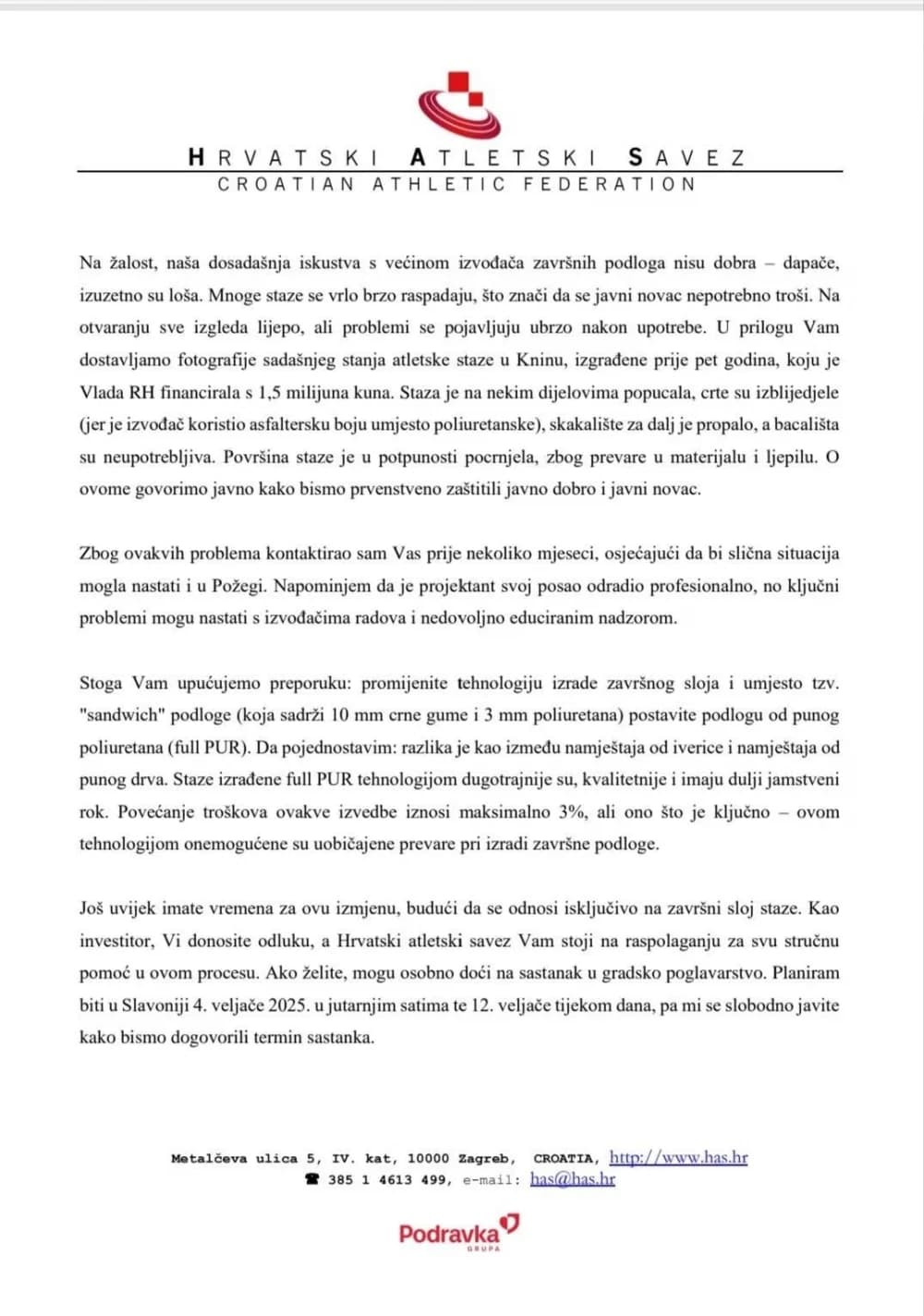 Predsjednik Hrvatskog atletskog saveza: Promjenite tehnologiju izrade završnog sloja. Još imate vremena