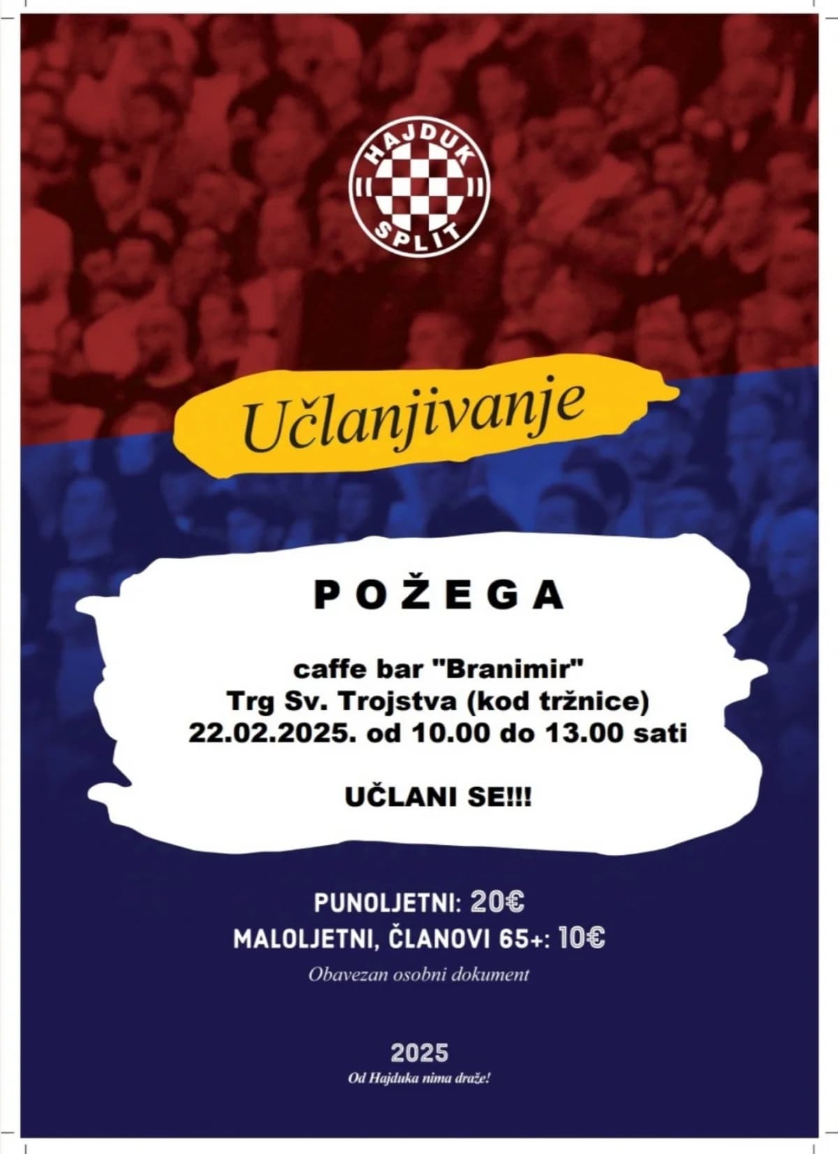 Sutra se Hajdukovi navijači i simpatizeri okupljaju u Požegi: Pridruži se Bijelima!