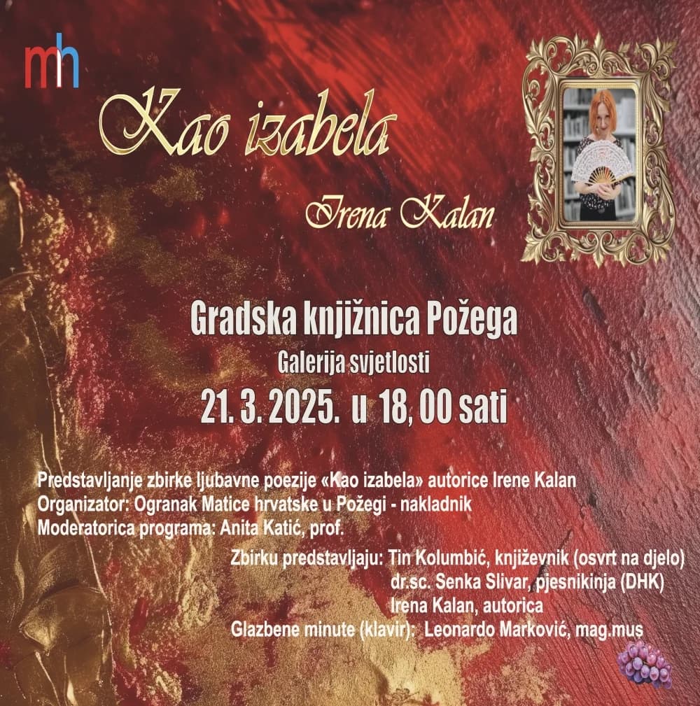 Predstavljanje zbirke ljubavne poezije “Kao Izabela” Irene Kalan u Gradskoj knjižnici Požega