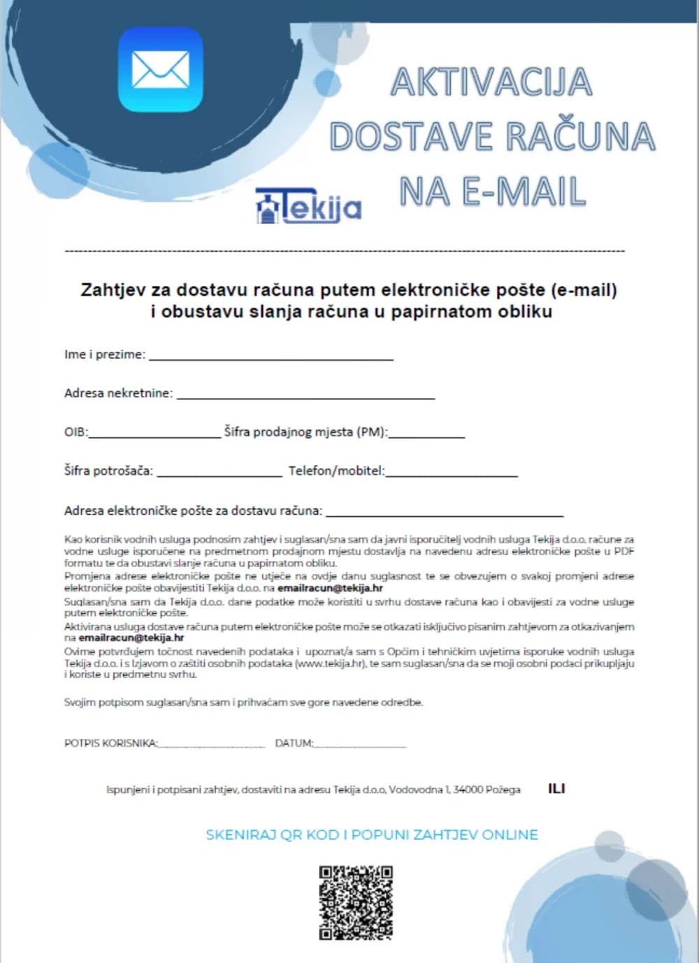 Tekija d.o.o. omogućila dostavu računa korisnicima vodnih usluga na e-mail
