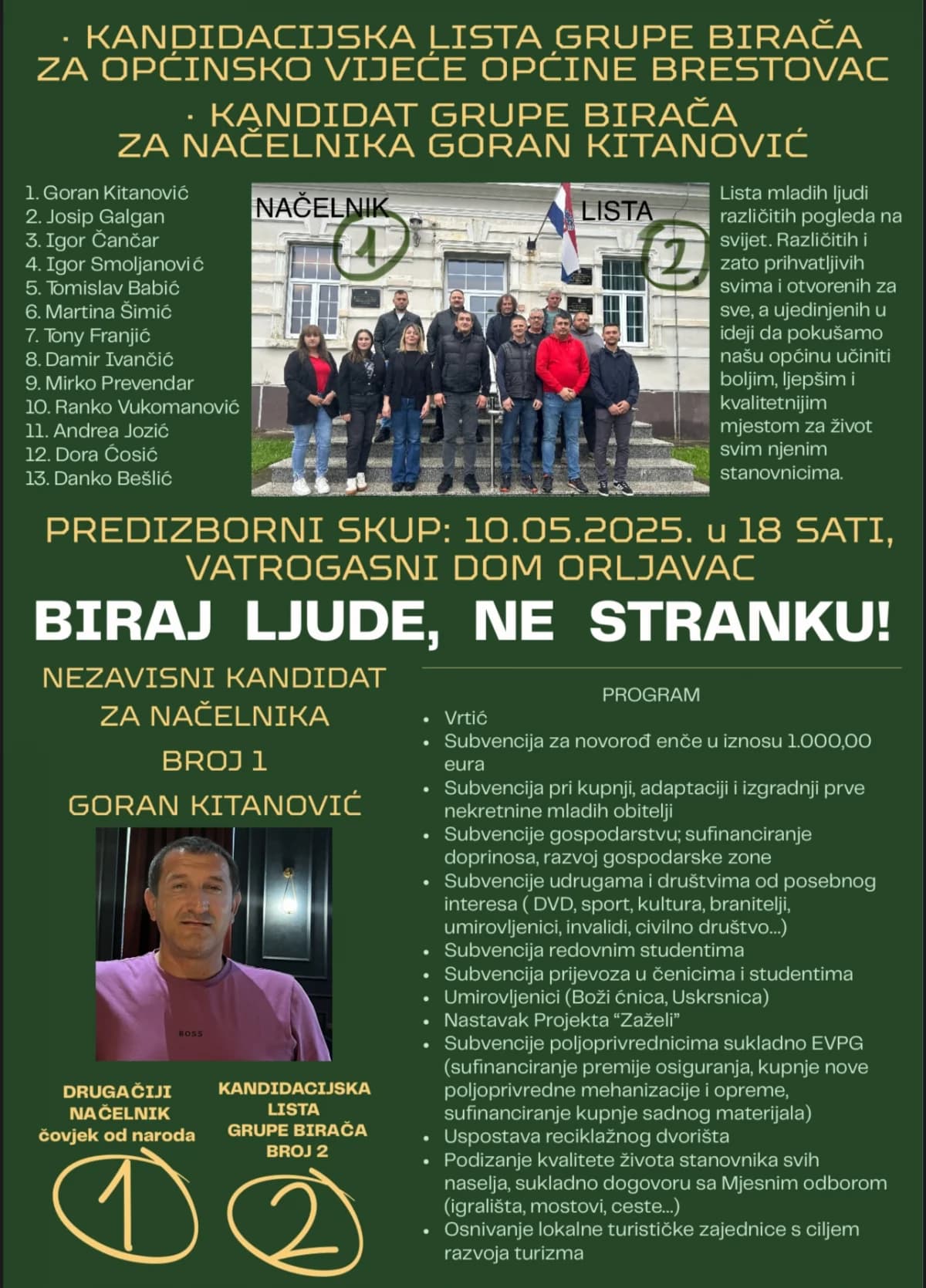 BIRAJTE LJUDE, NE STRANKU! Predstavljena lista i program kandidata za načelnika Brestovca Gorana Kitanovića