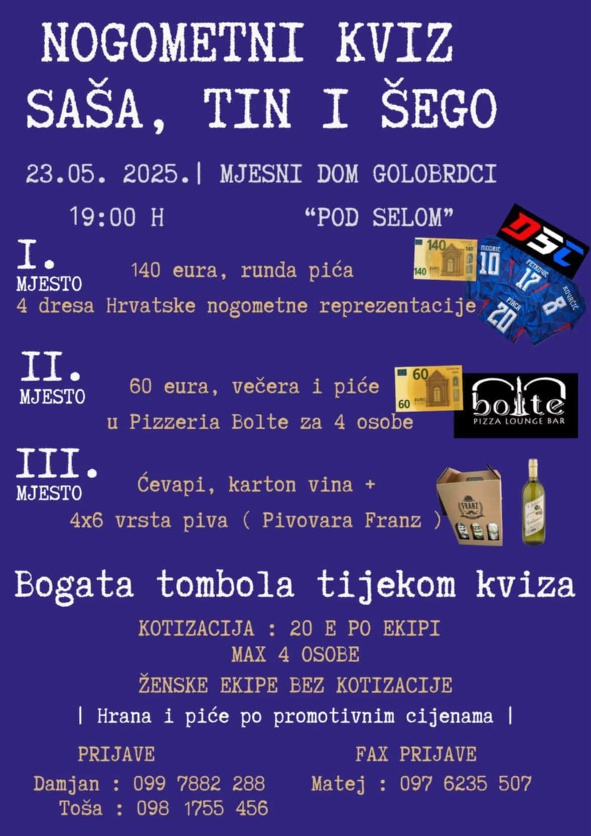 Nogometni kviz Saša, Tin i Šego: U Golobrdcima večeras za nagrade brojna iznenađenja i vrijedni dresovi