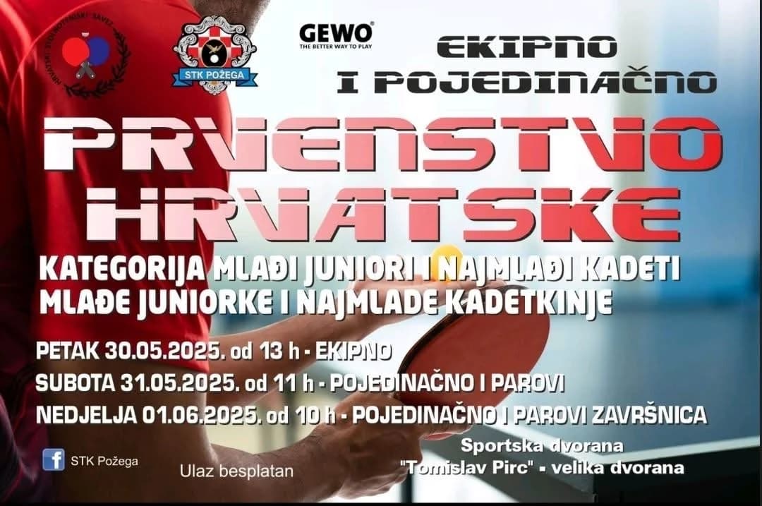 Najava: Sutra Prvenstvo Hrvatske u stolnom tenisu za mlade uzraste u Požegi