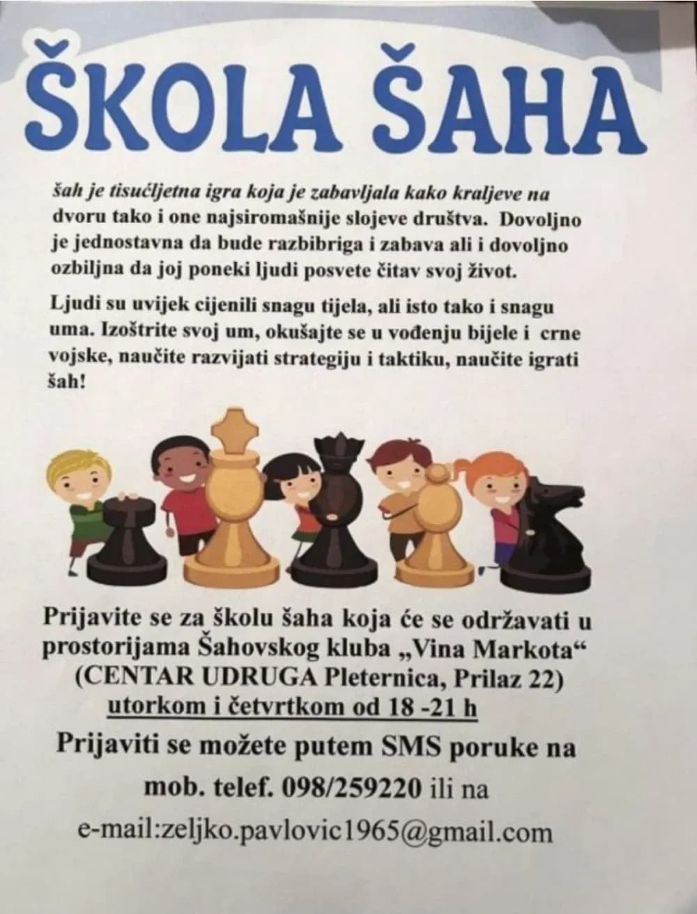 PLETERNICA: Prijavite se u Školu šaha Šahovskog kluba „Vina Markota“