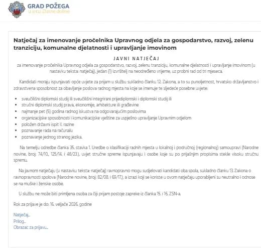 Tiho raspisan natječaj za pročelnika dok Požega stoji u mjestu