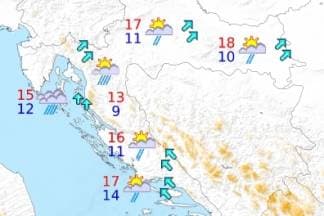 Najviša dnevna temperatura uglavnom između 12 i 18 °C