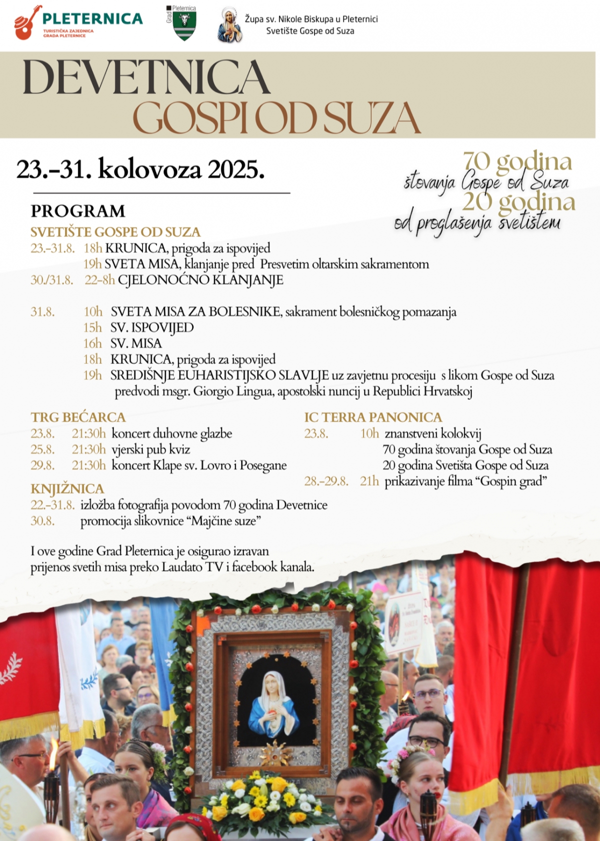 Dvostruki jubilej pleterničkog svetišta: „70 godina štovanja Gospe od Suza i 20 godina od proglašenja svetištem“